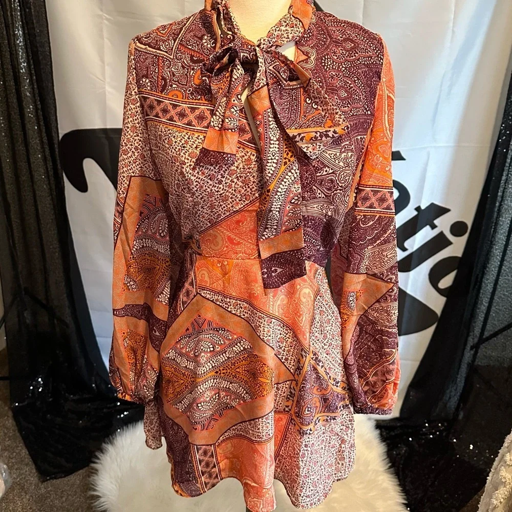 Divine Heritage Pussy Bow Long Sleeve Mini Dress Pink Size XS - Picture 9 of 14